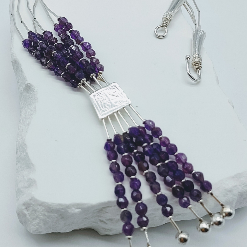 Vintage Sterling Liquid Silver Amethyst Tassel Necklace - Picture 3 of 11